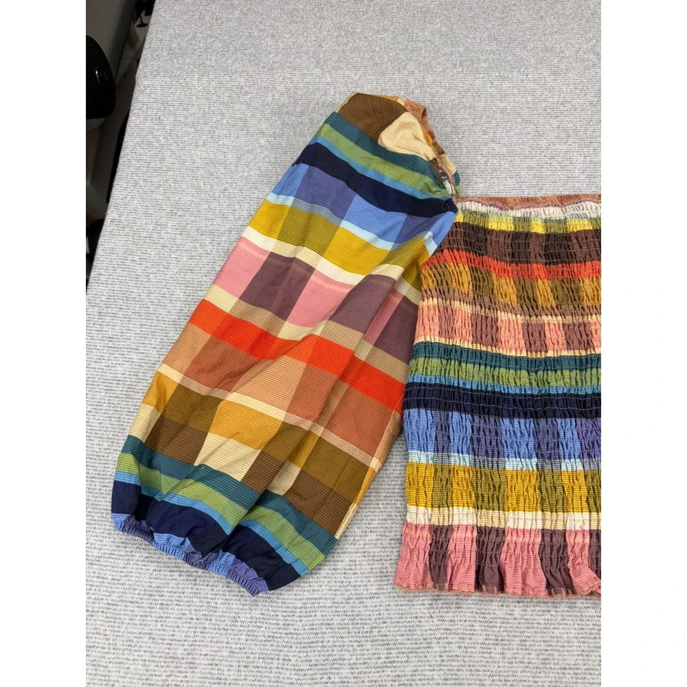 Farm Rio Rainbow Plaid Smocked Puff Sleeve Cotton Top Square Neck Multi Color